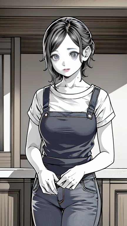 takahara ayumi, hairband, short hair, large breasts, wide hips, smile, t-shirt, overalls, halo, graphite \(medium\), monochrome, <lora:Takahara Ayumi V2:0.6>
