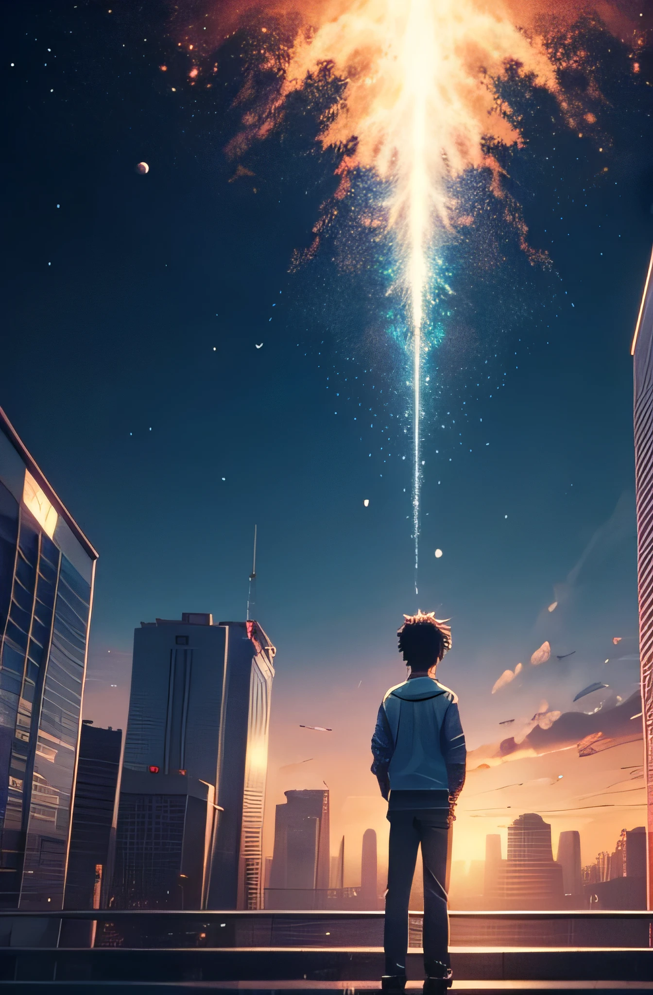 a boy standing in the middle of a city with bubbles floating in the air high detailed black hair, bubbly scenery, colorful anime movie background, floating bubbles, escaping air bubbles, anime background art, dreamy psychedelic anime, beautiful anime scene, beautiful anime scenery, anime background, bubbly underwater scenery, bubbles in the air.