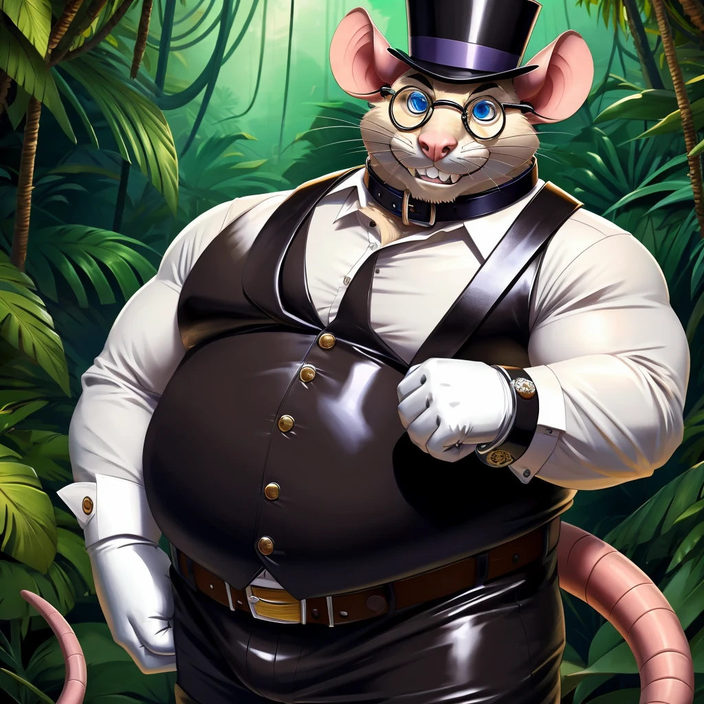 Solo, Male, fat, extremely obese, gentleman, dapper Professor Rat, blue eyes, (posing:1.3), (soft shading), 4k, hi res, ((detailed face, detailed)), looking at viewer, evil grin, jungle, forest, collared shirt with buttons, top hat, male focus, Explorer Outfit, glasses, monocle, bag, vest with buttons, backpack, sleeves rolled up, round eyewear, brown headwear, brown vest, Rat is wearing a glossy leather dog collar around the neck, Rat is wearing the leather collar and shirt and vest at the same time, Rat is wearing glossy white rubber gloves on the hands, wearing white rubber gloves on the feet, Rat is wearing glossy white cuffs around the wrists with cufflinks, gloves are rubber in texture, clenching teeth, clenching fists, leather collar is glossy and shiny with a lot of detail, Rat is wearing gloves and cuffs and cufflinks at the same time, leather collar has a round dog-tag, leather collar is thick and detailed.