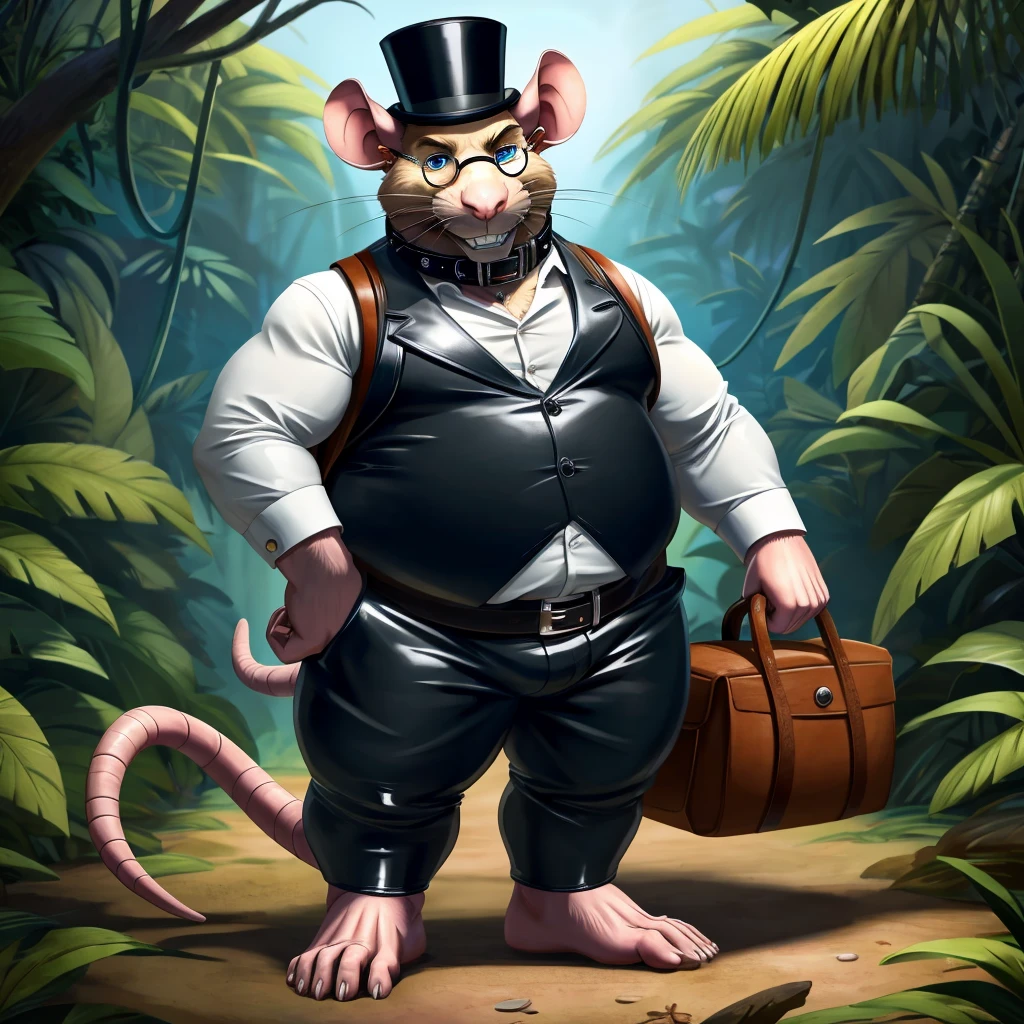 Solo, Male, fat, extremely obese, gentleman, dapper Professor Rat, blue eyes, (posing:1.3), (soft shading), 4k, hi res, ((detailed face, detailed)), looking at viewer, evil grin, jungle, forest, collared shirt with buttons, top hat, male focus, Explorer Outfit, glasses, monocle, bag, vest with buttons, backpack, sleeves rolled up, round eyewear, brown headwear, brown vest, Rat is wearing a glossy leather dog collar around the neck, Rat is wearing the leather collar and shirt and vest at the same time, Rat is wearing glossy white rubber gloves on the hands, wearing white rubber gloves on the feet, Rat is wearing glossy white cuffs around the wrists with cufflinks, gloves are rubber in texture, clenching teeth, clenching fists, leather collar is glossy and shiny with a lot of detail, Rat is wearing gloves and cuffs and cufflinks at the same time, leather collar has a round dog-tag, leather collar is thick and detailed.