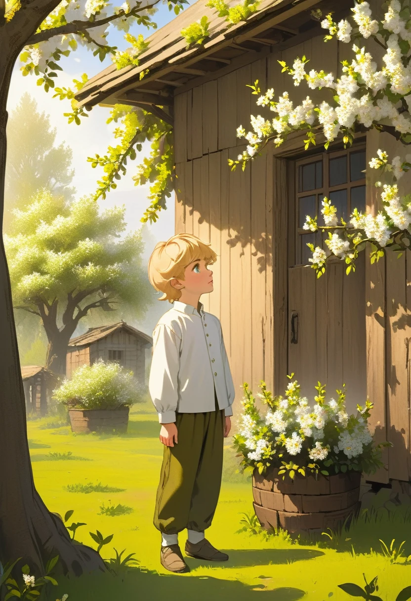 A Russian boy with blond hair in a white long-sleeve shirt and olive pants stands by a lonely blooming apple tree and looks up. There is a rustic Russian hut with a window in carved shutters.