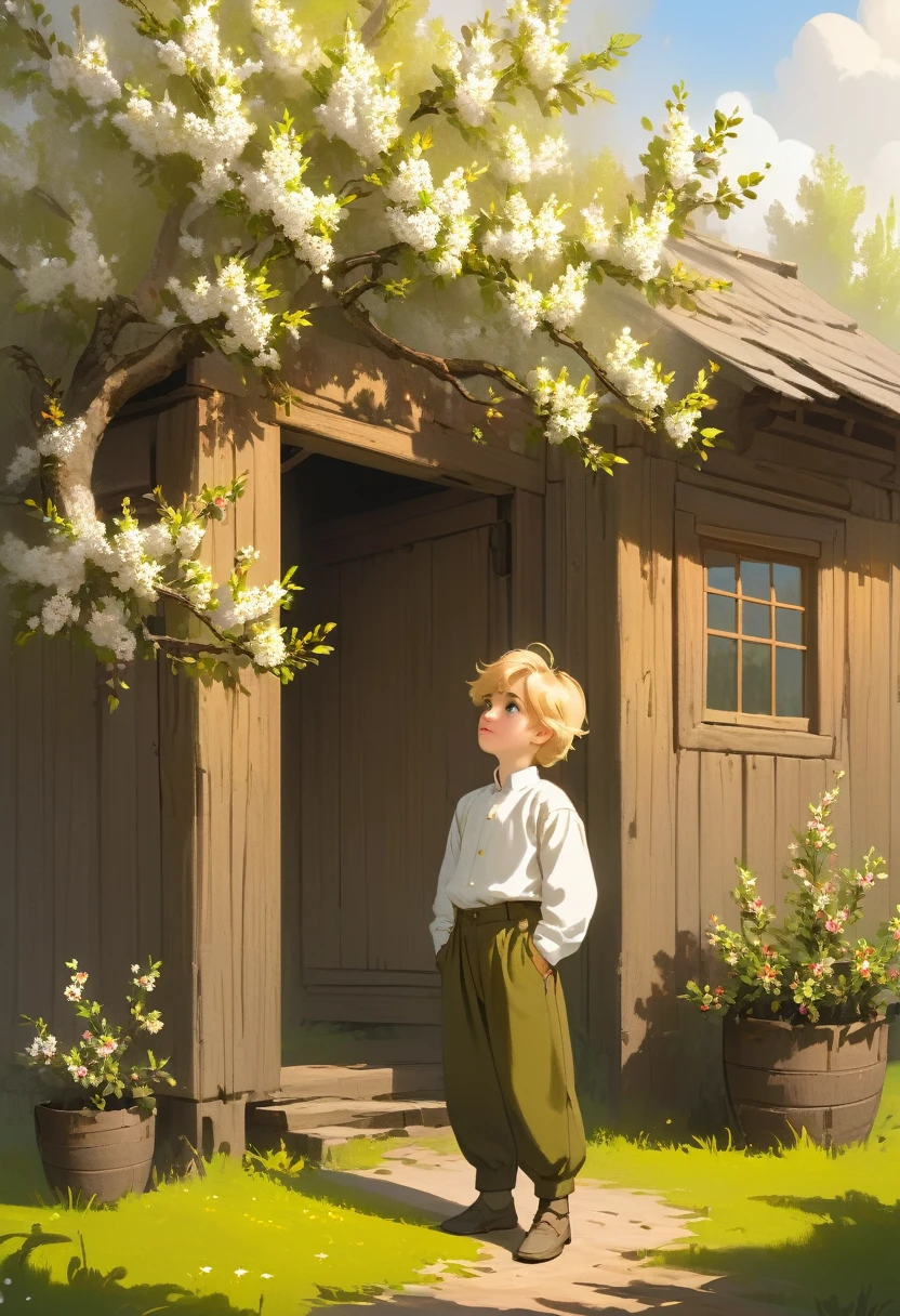 A Russian boy with blond hair in a white long-sleeve shirt and olive pants stands by a lonely blooming apple tree and looks up. There is a rustic Russian hut with a window in carved shutters.