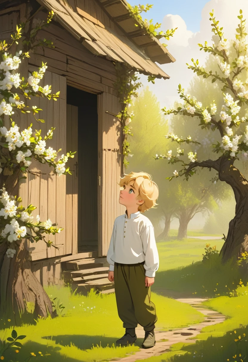 A Russian boy with blond hair in a white long-sleeve shirt and olive pants stands by a lonely blooming apple tree and looks up. There is a rustic Russian hut with a window in carved shutters.