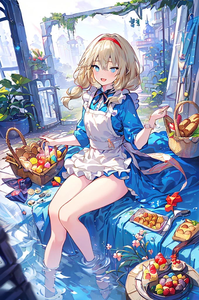 (perky chest:1.2), (pointed chest:1.2),(((Black Tunic:1.3))),(((cakes and bread in the basket),Cute and beautiful girl,Cute round face,Cute smile,with blush cheeks,Red Lip,a girl , nsfw:1.2, beautiful body:1.3), shinny skin, BREAK, ((alice in the wonderland:1.3, cute, kawaii, lovely, funny, a girl falling down from sky:1.3, girl flying in sky:1.4, girl floating in air:1.5, rolling upskirt by wind:1.6, (with sparkling eyes and a contagious smile),open mouth, Looking at Viewer, surprised, putting hands on crotch over the skirts:1.5)), BREAK, ((floating things as follows:1.3, PlayingCards, Trump, tea cup, tea pot, tea spoons, pocket watch:1.3, lip sticks, candies:1.2, cookies, jam bottles, classical door_keys)), ((long purply_Blue dress :1.5, wearing long flaired skirt:1.3, the skirt is blowing:1.3, cute pink Apron, black stockingedium long platinum-blonde hair:1.2, twin tail hair:1.6, tied hair with a large ribbon), (Blue eyes, bright pupils with highlights, detailed eyes), (lying down on your back:0.7, spreading legs with rising up straight:0.7), sexy posture, fantastic colorful art, (fantasy art:1.2, wondered images), ((correct anatomy:1.5, perfect anatomy:1.3, correct hand, small foot:1.2)),