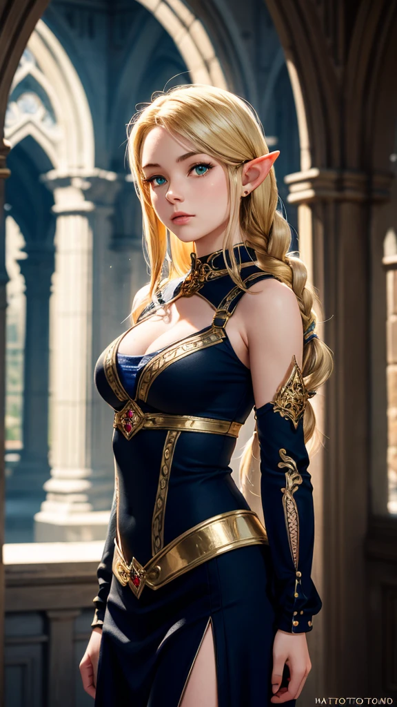 RAW, professional photograph, medium shot, photorealistic, hyper-realistic, ray tracing, super detail, UHD, 8k, female elf, twenty years old, goddess, gold jewelry, athletic body, soft facial features, braided hair, long hair, blonde hair, emerald eyes, white & blue armor,  gothic castle, gothic architecture 