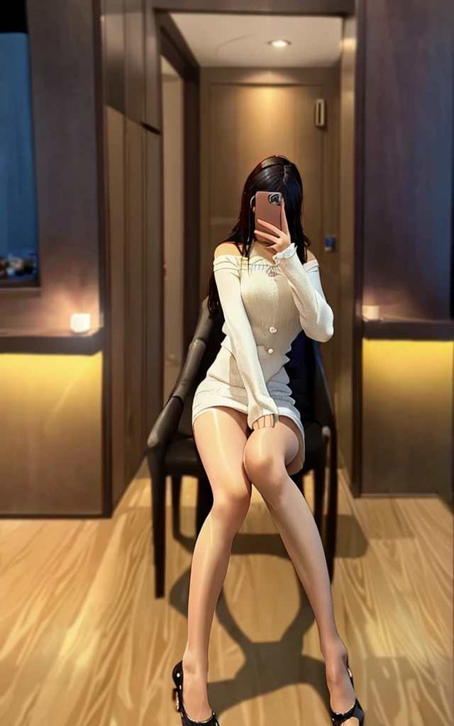 (RAW photo, best quality), (realistic, photo-realistic:1.4), masterpiece, extremely delicate and beautiful,Amazing, finely detail, extremely detailed CG unity 8k wallpaper, huge filesize, ultra-detailed, highres, absurdres, soft light,rim light, vibrant details, ((perfect hand:1.2)),((perfect leg:1.2)),
blurry background, blurry foreground, depth of field,
Take a selfie with phone in one hand and cover face, 
1girl,solo,full body, ((sexy)),
iphone, selfie, pose,