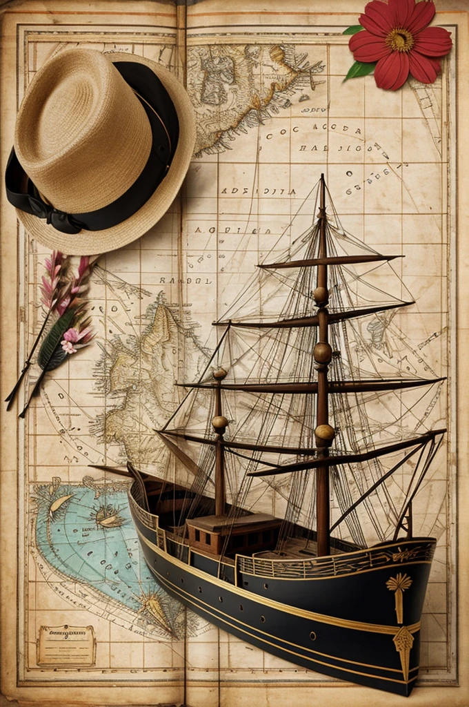 a ship with a compass, A map, a flower and glasses with a hat with flowers and feathers 