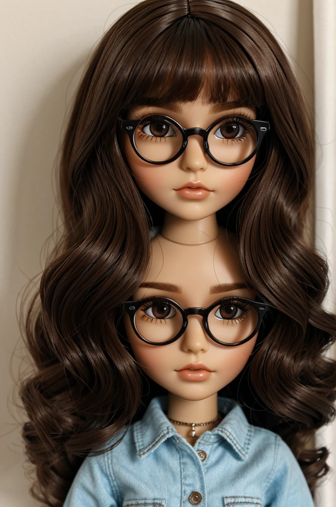 Blythr doll morena, with dark brown hair,  brown eyes and glasses 

