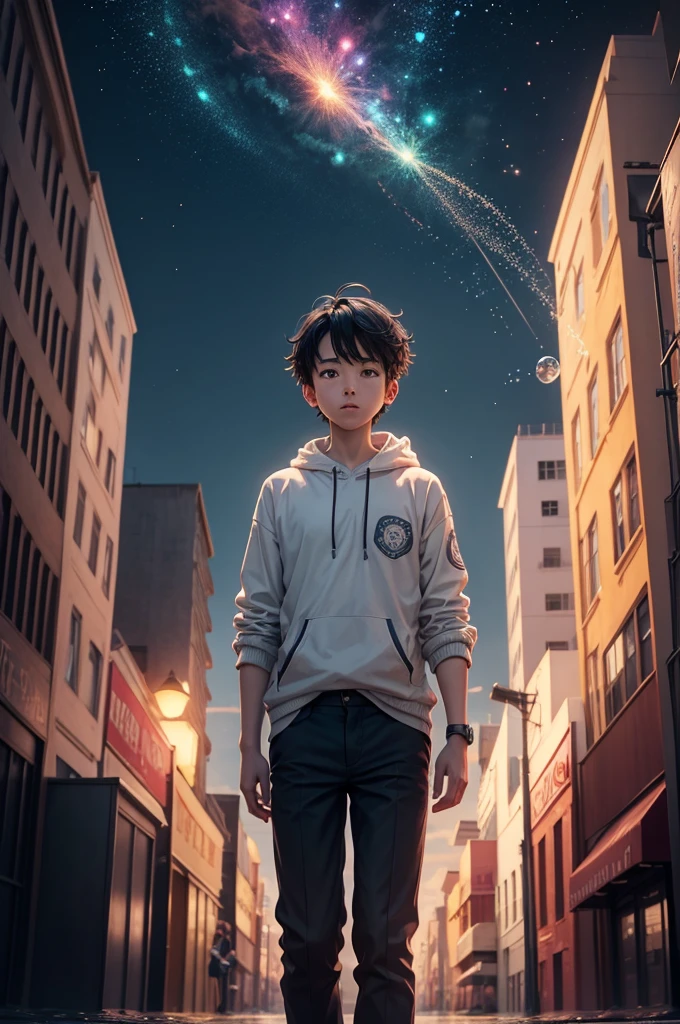 a boy standing in the middle of a city with bubbles floating in the air high detailed black hair, bubbly scenery, colorful anime movie background, floating bubbles, escaping air bubbles, anime background art, dreamy psychedelic anime, beautiful anime scene, beautiful anime scenery, anime background, bubbly underwater scenery, bubbles in the air.
