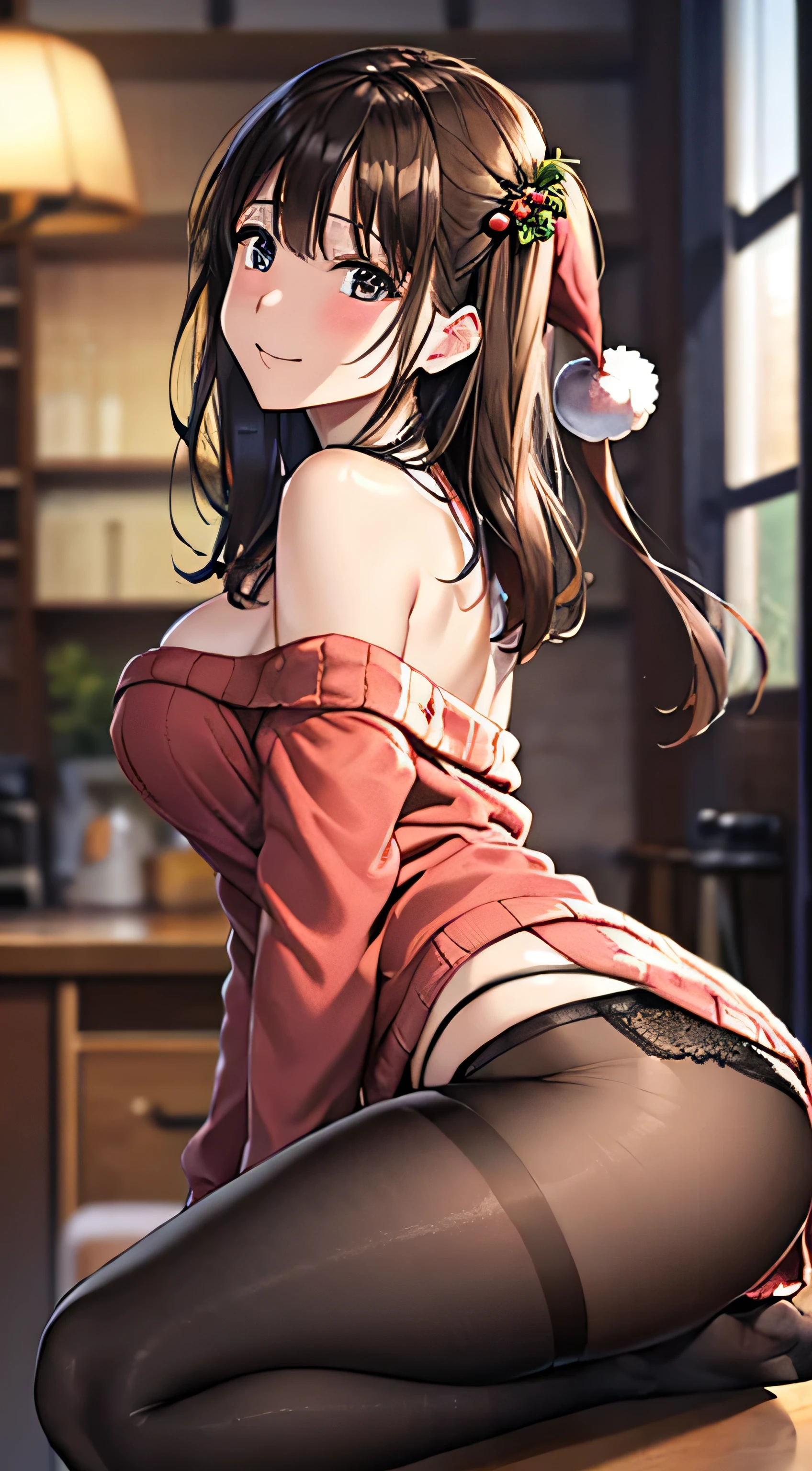 ((Tabletop, Highest quality, High resolution, , Pixel Perfect, 4K,))), 1 female, 、The whole body is visible、 ((Long Wavy Hair, bangs, Brown Hair)), ((Brown eyes, Beautiful eyelashes, Realistic eyes)), ((Detailed face, Blushing:1.2)), ((Smooth texture:0.75, Realistic texture:0.65, Realistic:1.1, Anime CG Style)), Medium sized breasts, Dynamic Angle, Perfect body, (( , , Santa Claus Costume、Off-the-shoulder sweater、No bra、、 flare skirt、Black Stockings、Pink lace panties、)), Gold Hair Ornament、Cross Necklace、、Very embarrassing panic smile, 、、、、、Leaning forward、Nipples are slightly visible、Sideit on the sofa、、Stick your butt out、Luxury apartment kitchen、、、、、、 、)、
