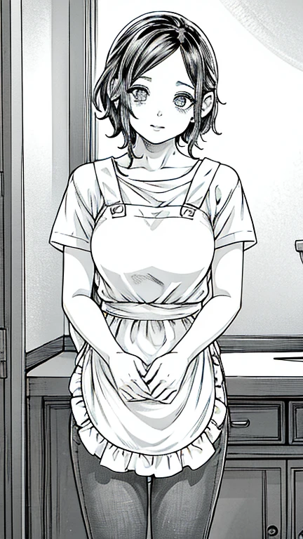 (depicting a single moment from a manga for adults), (hand-drawn), (simple line art), ((manga-style line art background)), ((minimal detail in clothing)), (only 5 colors used), (a housewife, slim figure, round face, eyes with realistic sizing, drooping eyes, blush, sweat), spread her legs, raise leg, ((straddling to hit her crotch onto the pipe-bollard for masturbation)), enjoying ecstasy, on the street, casual dress, apron, a ((plastic bag with groceries)), hair up,