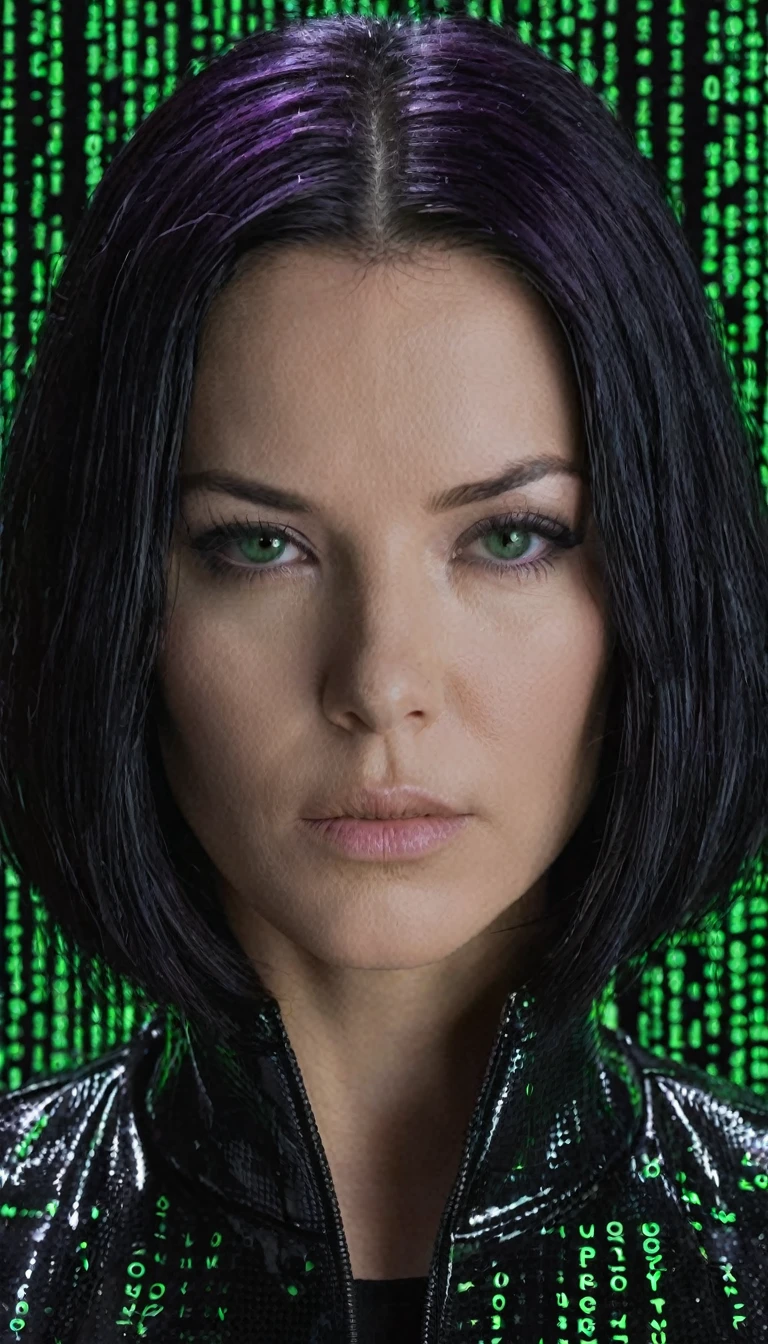 face portrait of "Trinity's quest: Green matrix code flowing in the middle, purple and black background.", tritnity is white woman with black hair, wearing a black latex coat, that works secretly with Morpheus and neo. focusing on the face