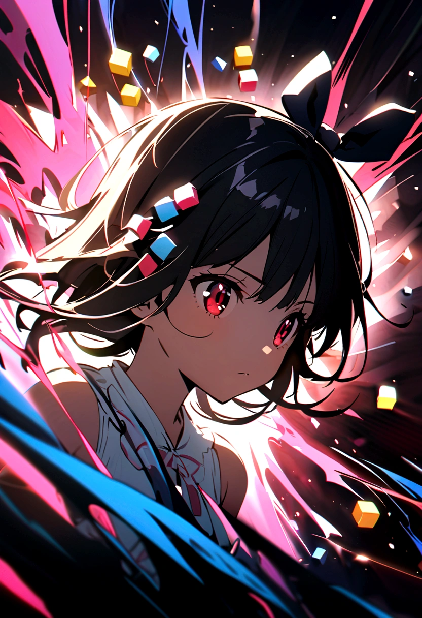 an anime girl with red eyes, long black hair with pink strands with small hair bow with small blue and yellow cubes decoration on the bow, on the right side of the head. She is wearing a white sleeveless blouse and is wearing her white panties 
