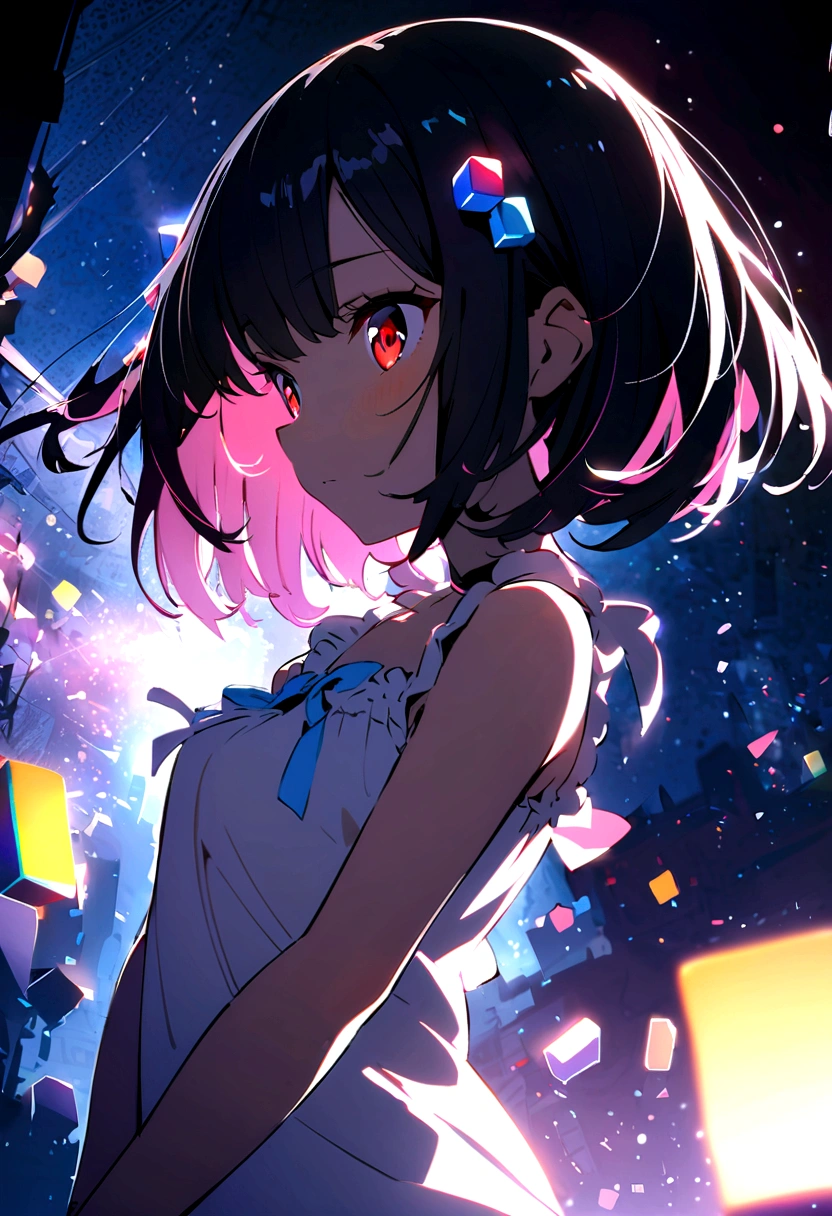 an anime girl with red eyes, long black hair with pink strands with small hair bow with small blue and yellow cubes decoration on the bow, on the right side of the head. She is wearing a white sleeveless blouse and is wearing her white panties