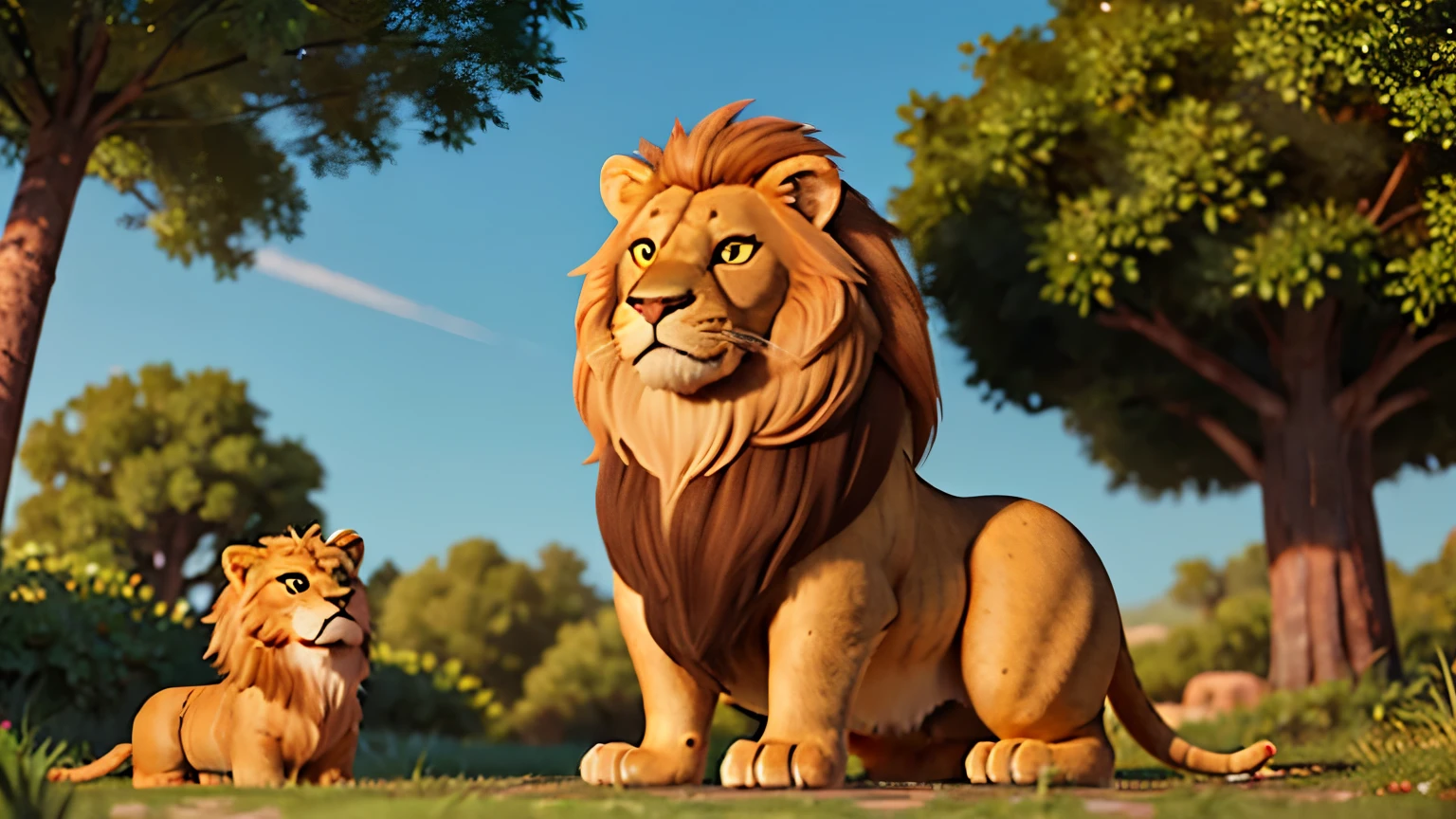 a majestic lion with golden and shiny fur, a soft and flowing mane with shades of gold and brown, large and expressive eyes, standing next to a lizard in the savannah, 8k, photorealistic, cinematic lighting, highly detailed, wildlife photography, natural environment, warm color tones
