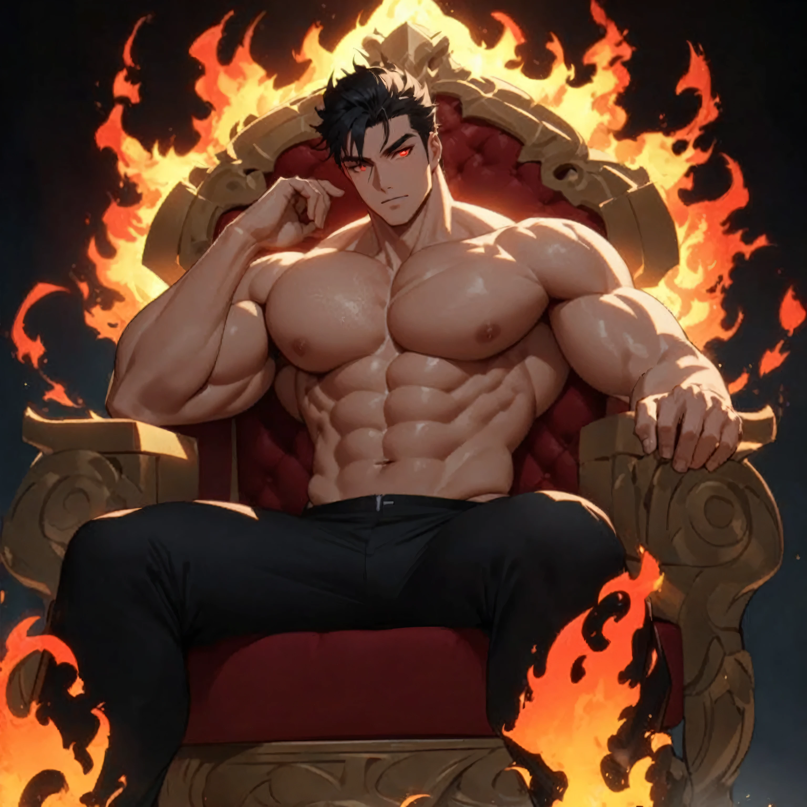 Relaxing on a fiery throne, the god of fire, a handsome man with black hair, exudes power with intense glowing red eyes and large pectorals. His pose is majestic, bathed in dramatic cinematic lighting, creating an atmosphere of divine authority. Large pectorals, open legs. Attractive male, sexy masculine, handsome male