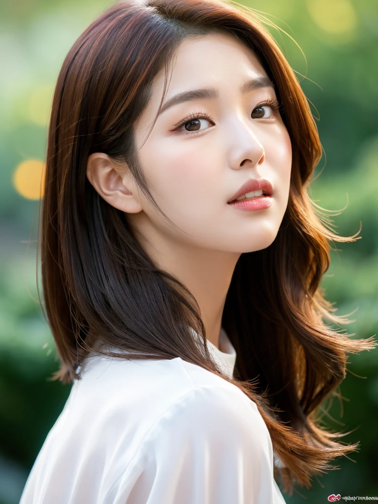 Kwon Eun-bi is a young Korean woman in her 28s. She short at the height of the back and a little curled. She has her back-length hair, a little curled and coppery red in color.
She face is slightly shorter than it is long, which carry a warm , expressive face. Her skin is radiant and clear, presenting an impeccable state of health and her curved lips.
Large, brown eyes are expressive and captivating.
She height is medium, her natural body and defined made up of proportional curves. with the most charming and provocative. It matches their personalities.
She is wearing a black dress, while the evening light shines in the garden around her.