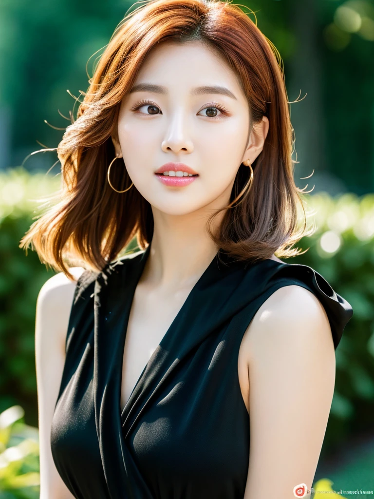 Kwon Eun-bi is a young Korean woman in her 28s. She short at the height of the back and a little curled. She has her back-length hair, a little curled and coppery red in color.
She face is slightly shorter than it is long, which carry a warm , expressive face. Her skin is radiant and clear, presenting an impeccable state of health and her curved lips.
Large, brown eyes are expressive and captivating.
She height is medium, her natural body and defined made up of proportional curves. with the most charming and provocative. It matches their personalities.
She is wearing a black dress, while the evening light shines in the garden around her.