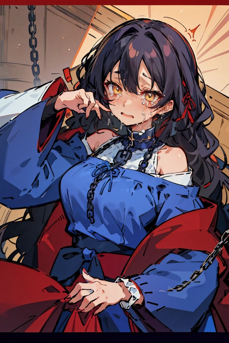 (masterpiece:1.2), (high quality:1.2), (hui xiyi:0.7)rekkyo sensen, rekkyou sensen, girls with((black hair, bangs, (one side up, long wavy hair:1.55), (arm up, perfect hands, perfect fingers, tied hands:1.43), exposed breasts, tits cleavage, breasts close up, dress((suspenders, dress:0.65), (belts:0.7), (blue clothes, frills shirt, white knit sweater, long sleeves, off-shoulder sleeves, silver handcuffs, chain, ribbon:1.2)), upper body)), background with((bedding, futon, jail, prison:1.45))