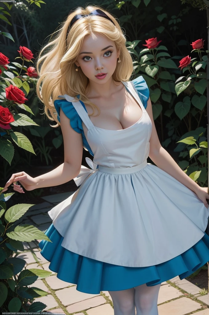 masterpiece, 1girl, solo, a sexy Alice in Wonderland with blonde hair, powder blue dress with white apron, white stockings, cleavage, dynamic, ultra high def, 32k, (perfect anatomy:1.5), perfect legs, in the style of Artgerm and Adam Hughes, perfect arms, in a rose garden