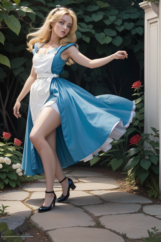 masterpiece, 1girl, solo, a sexy Alice in Wonderland with blonde hair, powder blue dress with white apron, white stockings, cleavage, dynamic, ultra high def, 32k, (perfect anatomy:1.5), perfect legs, in the style of Artgerm and Adam Hughes, perfect arms, in a rose garden