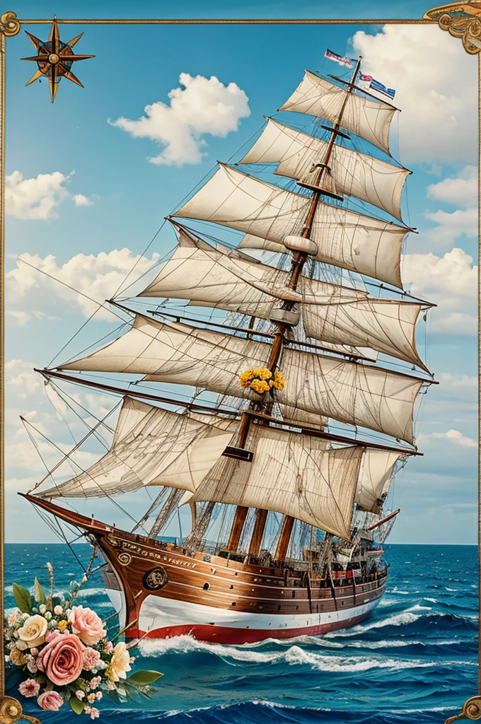 a ship at sea with a compass, A map, a flower and glasses with an effeminate hat with flowers and feathers