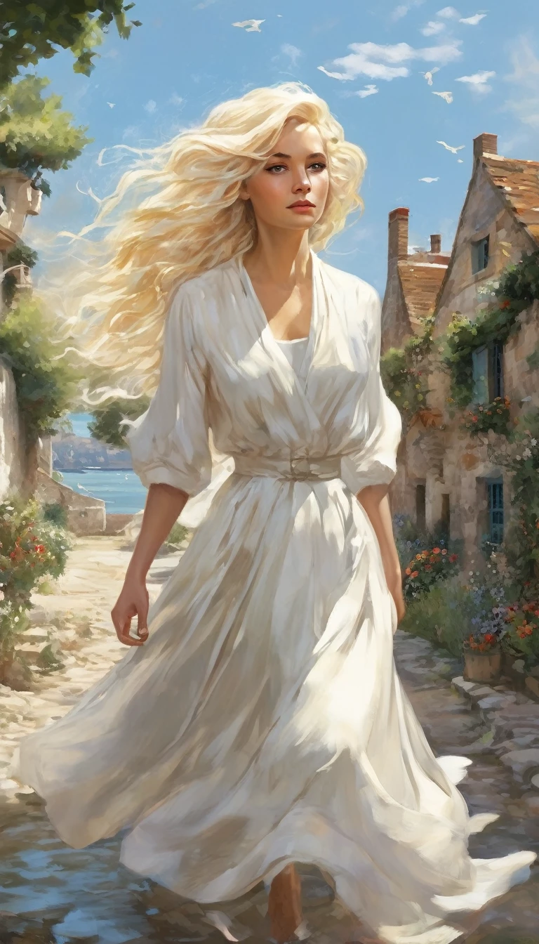 Une illustration d'Eléonore, vêtue d'une robe blanche, marchant à travers le village, ses cheveux blonds flottant au vent, captivant les regards admiratifs des villageois.