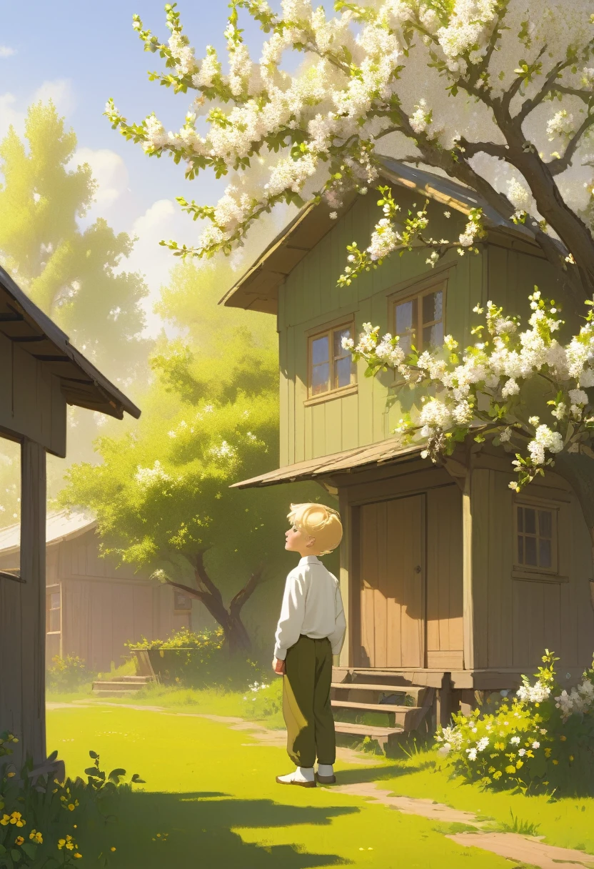 A Russian boy with blond hair in a white long-sleeve shirt and olive pants stands by a lonely blooming apple tree and looks up next to the porch of a wooden house