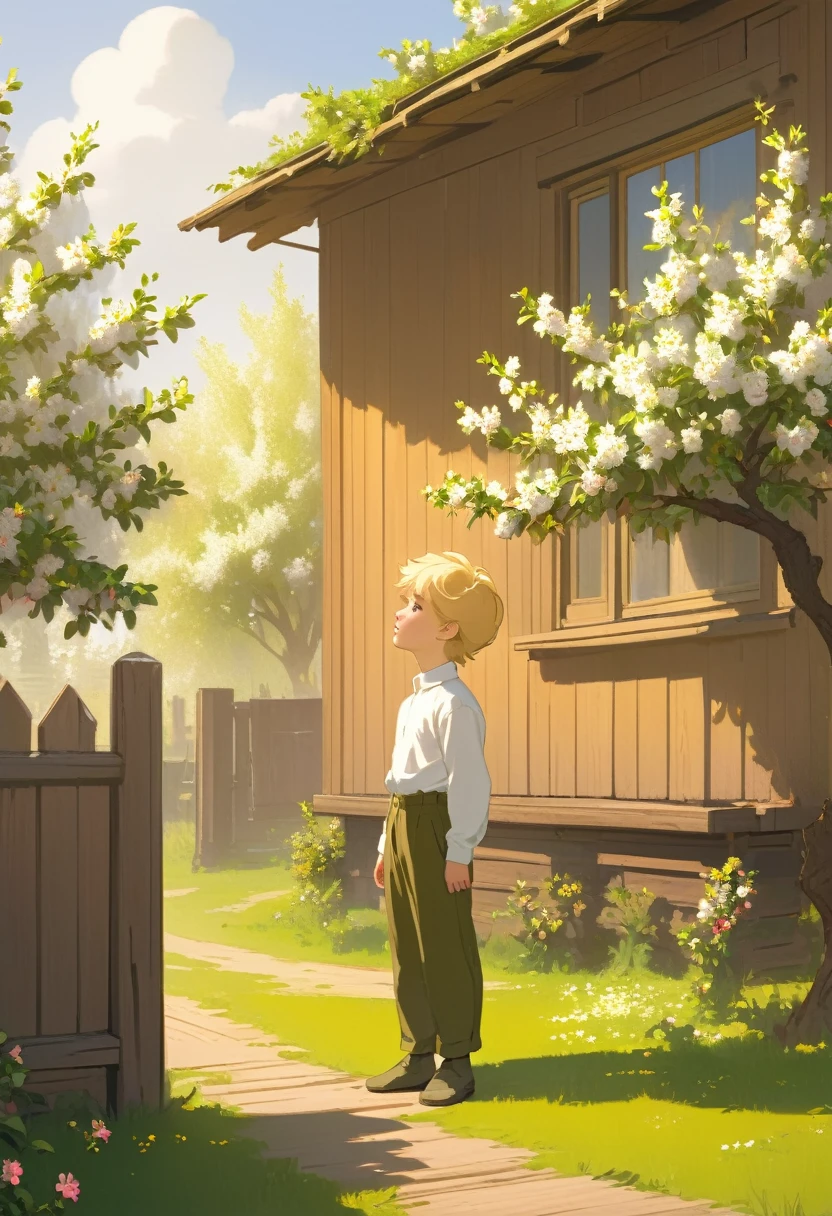 A Russian boy with blond hair in a white long-sleeve shirt and olive pants stands by a lonely blooming apple tree and looks up next to the porch of a wooden house