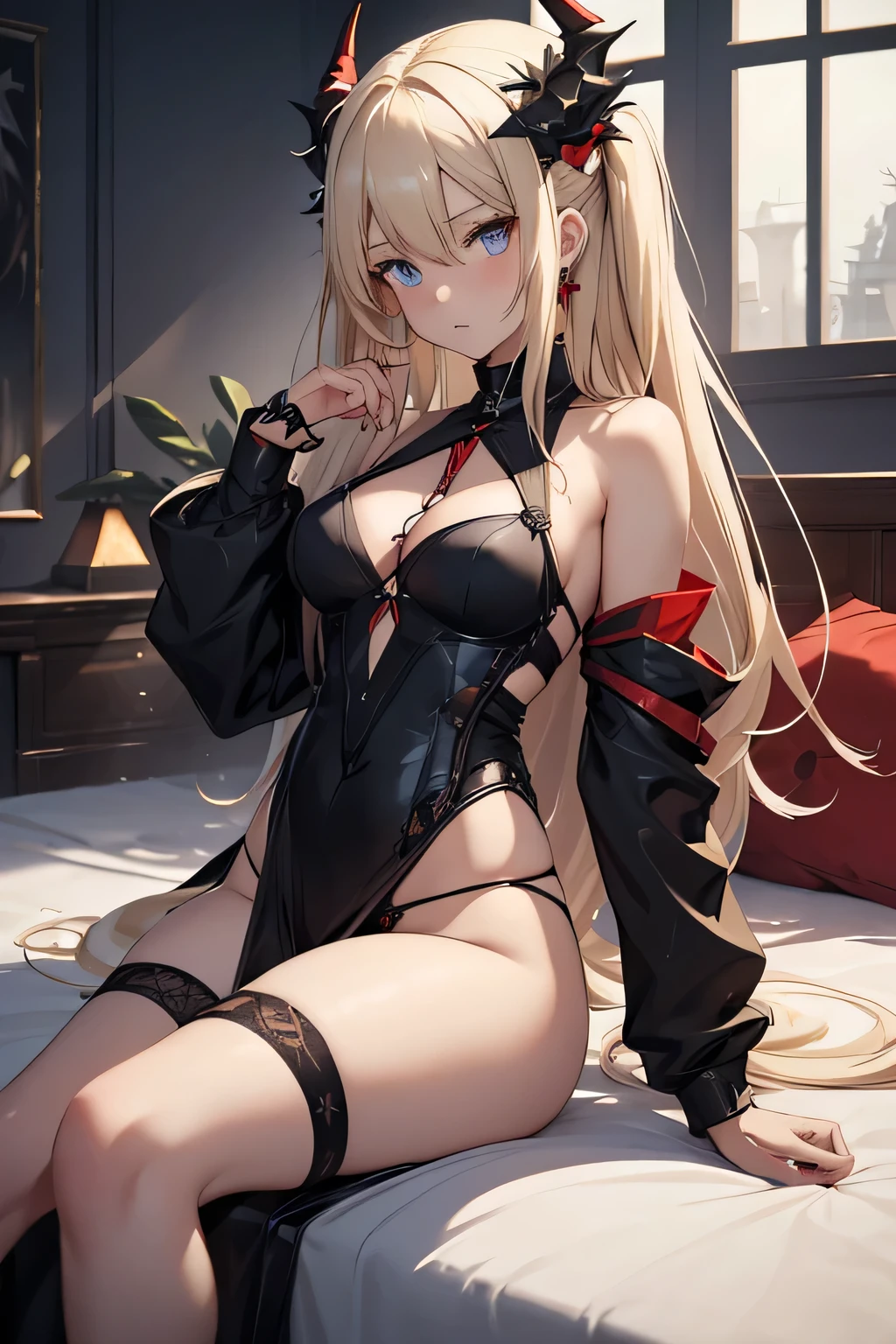 Arknights character Reed, woman with long pale blonde hair, blue-eyed, with black dragon horns pointing up and red dragon tail, wingless, wearing black lingerie sitting on the bed