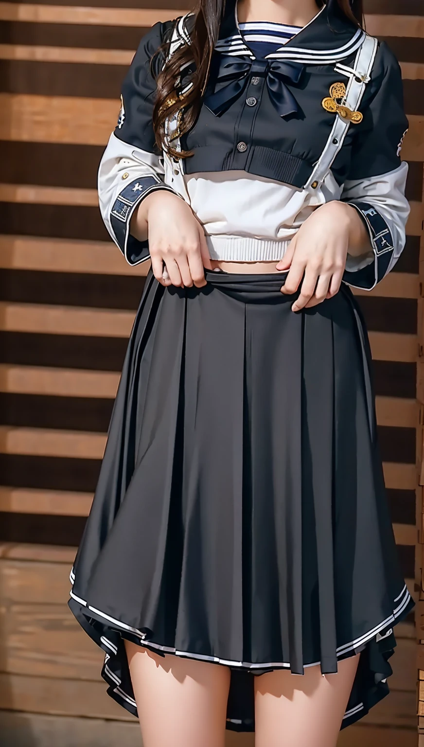 ((highest quality、8k、masterpiece:1.3)),((((cowboy shot)))),Ultra-high resolution,big eyes,Japanese,bangs,(a girl),(1 girl),((20 years old)),((facing at viewer)),(long hair),(((black sailor uniform))),grin,((sitting on chair)),(pleated mini skirt),(((pussy))),((pubic hair)),((skirt lift)),((short crew socks))