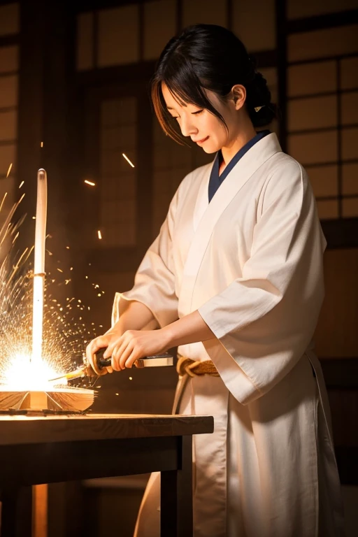 A Japanese swordsmith in a white kimono is making a sword. Sparks are flying from the sword.