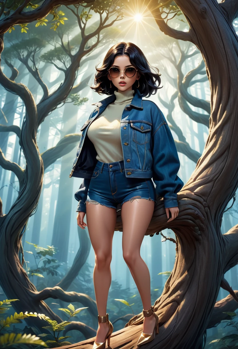 (((Full body photo))) of (((pretty girl))) with (((black hair))) and (((brown eyes))) with turtleneck and short denim jacket and short jeans and high heels and sunglasses, positioned confidently (((on a giant tree branch))) that exudes an otherworldly glow, surrounded by a (((surreal fantasy setting))) that defies the ordinary, with swirls of (iridescent light ) dancing around you, all captured in a (((4K resolution))). The scene seems mysterious and fantastic, as if it could take place in a (realistic fictional setting), with a (mystical, dreamlike quality) that brings out a (cinematic aesthetic) reminiscent of (Steven Spielberg's style)