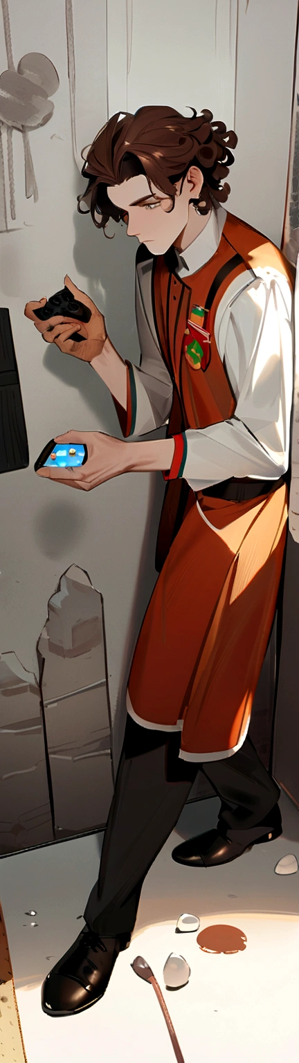 A male with brown curly hair,Caucasian skin,orelhudo, left hand in plaster, in Barcelona uniform playing video games
