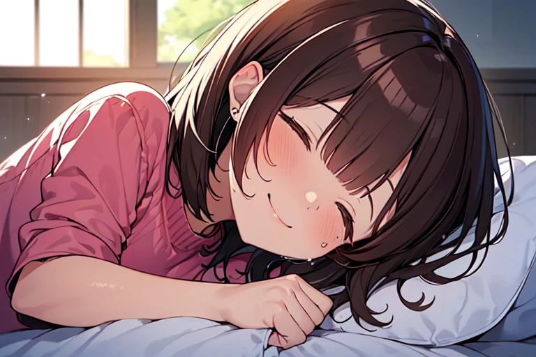 Highest quality, masterpiece, Ultra-high resolution, 8K,Show anime style , Soft Line Art, Digital Enhancement, shojo anime touch, shojo manga core, Flowing fabric, close, Soft Drawing, Ultra-Definition Digital Anime Art, Clear facial depiction, Super detailed girl cartoon character art, Ultra-detailed manga style, Highest qualityの色, 1People Women,(A woman with short brown hair), Wet Hair,Beautiful brown hair, Clear brown eyes, Slightly chubby,Small breasts,pajamas,((She is sleeping in bed with the covers on.)),I sleep in the same bed and watch her,Peaceful sleeping face,She wakes up,I call out good morning,((She lay face down in her sleep, her cheek on the pillow, turned her face towards me and smiled fondly.)),Little devil's smile,(Focus on face)