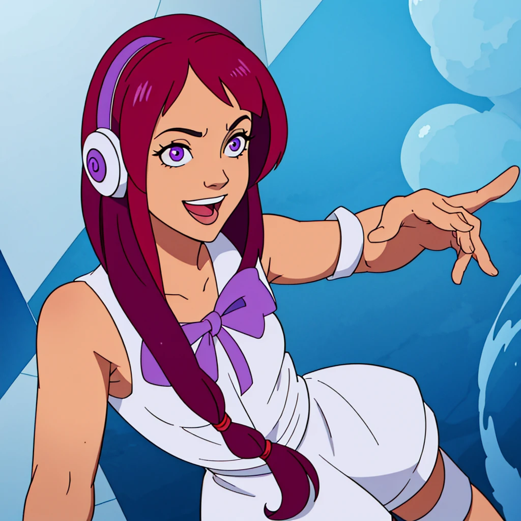 uta (one piece), oda eiichirou,, , 1girl, :d, bangs, blue ribbon, diamond-shaped pupils, diamond (shape), hair between eyes, headphones, long hair, multicolored hair, open mouth, purple eyes, red hair, ribbon, shirt, signature, sleeveless, sleeveless shirt, smile, solo, ((split-color hair)), symbol-shaped pupils, white hair, white shirt, sea, one eye covered, watercolor,, , 