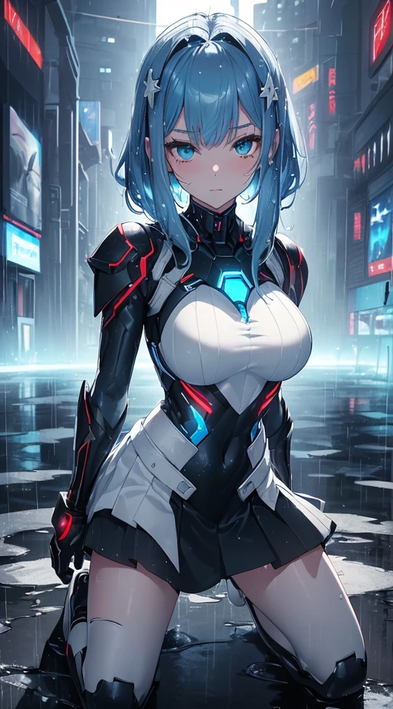top-quality、Top image quality、masterpiece、Android Girl((sixteen years old,Body full of scars、Broken cybersuit glowing black, red and white、Blue energy source for the chest,Best Bust、Bust 90、Light blue shiny hair、Longhaire,Cyber Skirt、Blue-green eyes、open chest wide、Valley、Happiness、A slender、the whole body is wet、Fall to the floor、Kneeling))hiquality、Beautiful Art、Background with((Magical Night City、Very heavy rain))、masutepiece、Elaborate design、visualart、Theatrical films