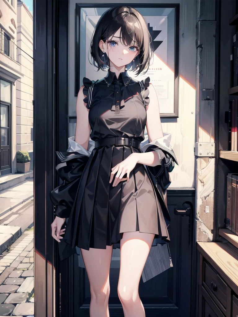 absurdres, RAW photo, extremely delicate and beautiful, masterpiece, Best Quality, ultra high resolution, 32k, hyperrealistic, ultra-detailed, in her 20s, delicate facial features, tearful mole, earring, medium breasts, full body shot, shorter middle hair, black hair, summer school_uniform shirt, sleeveless,