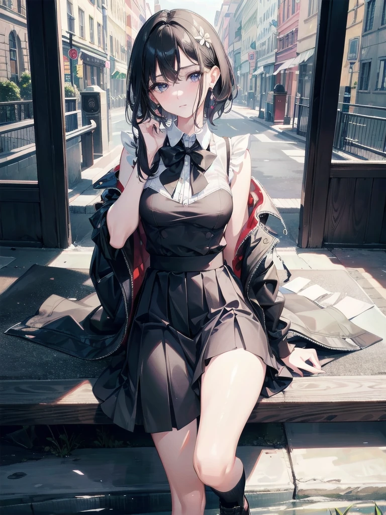 absurdres, RAW photo, extremely delicate and beautiful, masterpiece, Best Quality, ultra high resolution, 32k, hyperrealistic, ultra-detailed, in her 20s, delicate facial features, tearful mole, earring, medium breasts, full body shot, shorter middle hair, black hair, summer school_uniform shirt, sleeveless,