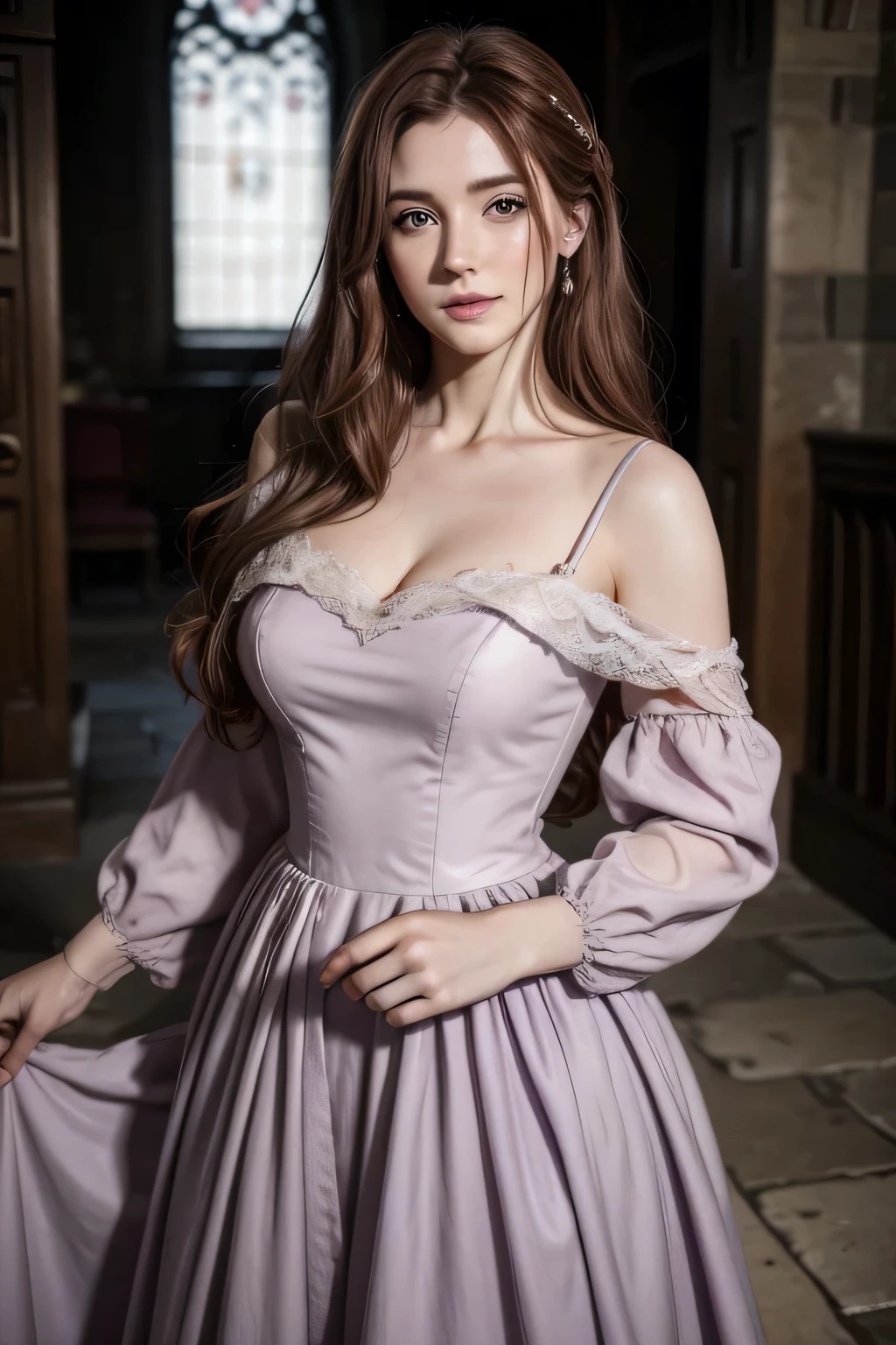 1 woman who looks like Jennifer Connolly ,medieval gown ,light purple and brown hair