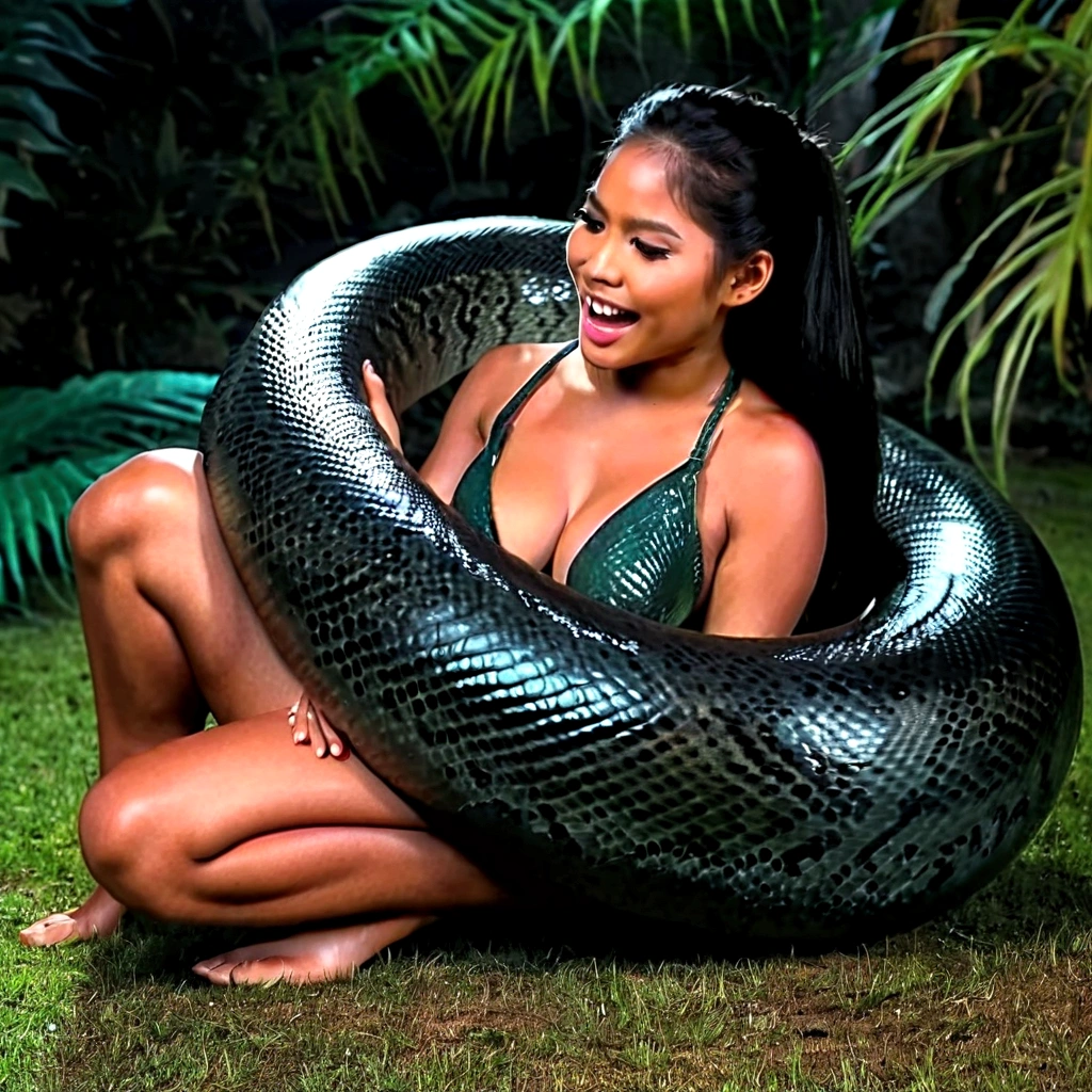 Happy Horny, aroused 1girl), beautiful kneeling Filipino young girl with giant colossal black titanboa squeezing her hard, wrapped in thick spiraling coils, constricted, struggle, gasping for air, snake attack, snake peril, moonless night, dim light