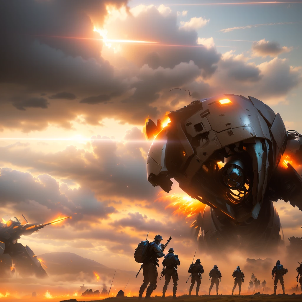 a group of people standing around a giant robot in a field, wojtek fus, fps game concept art, epic fantasy sci fi illustration, sergey kolesov concept art, jessica rossier fantasy art, concept art 4 k, concept art 4k, epic digital concept art, concept art wallpaper 4k, futuristic tank is on fire, concept art for a video game