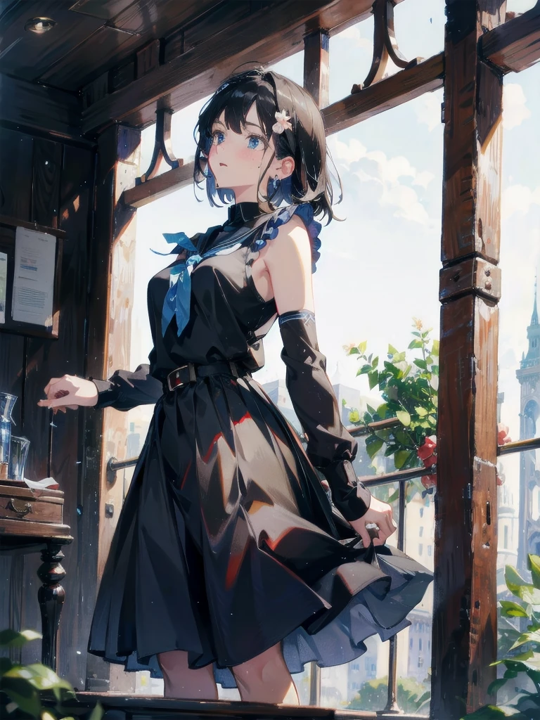 absurdres, RAW photo, extremely delicate and beautiful, masterpiece, Best Quality, ultra high resolution, 32k, hyperrealistic, ultra-detailed, in her 20s, delicate facial features, tearful mole, earring, medium breasts, full body shot, shorter middle hair, black hair, summer school_uniform shirt, sleeveless,