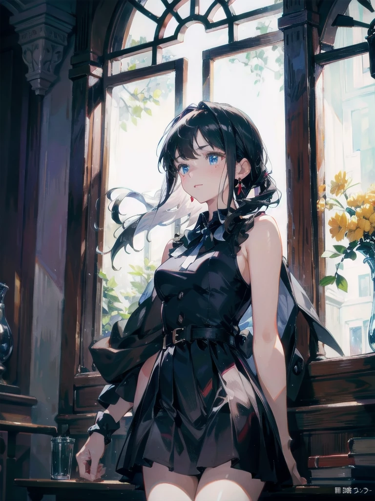 absurdres, RAW photo, extremely delicate and beautiful, masterpiece, Best Quality, ultra high resolution, 32k, hyperrealistic, ultra-detailed, in her 20s, delicate facial features, tearful mole, earring, medium breasts, full body shot, shorter middle hair, black hair, summer school_uniform shirt, sleeveless,