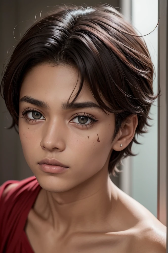 make a 20 year old boy with black skin with a sad face he has a scar on one of his eyes which is a blind eye , ele Tam longos cabelos marrons e olhos reds faça no estilo anime de ênfase no rosto dele na sua expressão triste e em sua cicatriz no seu olho os seus dois olhos são reds e a cicatriz ela quase cobre o olho q o deixou cego desse olho por isso ele é um olho cego sua pele é escura a cicatriz ela tá bem marcadas como se fosse carne viva bem vermelha representando que foi recente e não esqueça que ele tem um tom de pele mais escuro um tom de pele negra , important points are its two scarlet eyes (reds) the one with the scar being a blind eye, your scar is also super important so don't leave it out