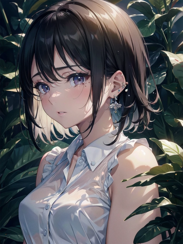 absurdres, RAW photo, extremely delicate and beautiful, masterpiece, Best Quality, ultra high resolution, 32k, hyperrealistic, ultra-detailed, in her 20s, delicate facial features, tearful mole, earring, medium breasts, full body shot, shorter middle hair, black hair, summer school_uniform shirt, sleeveless,