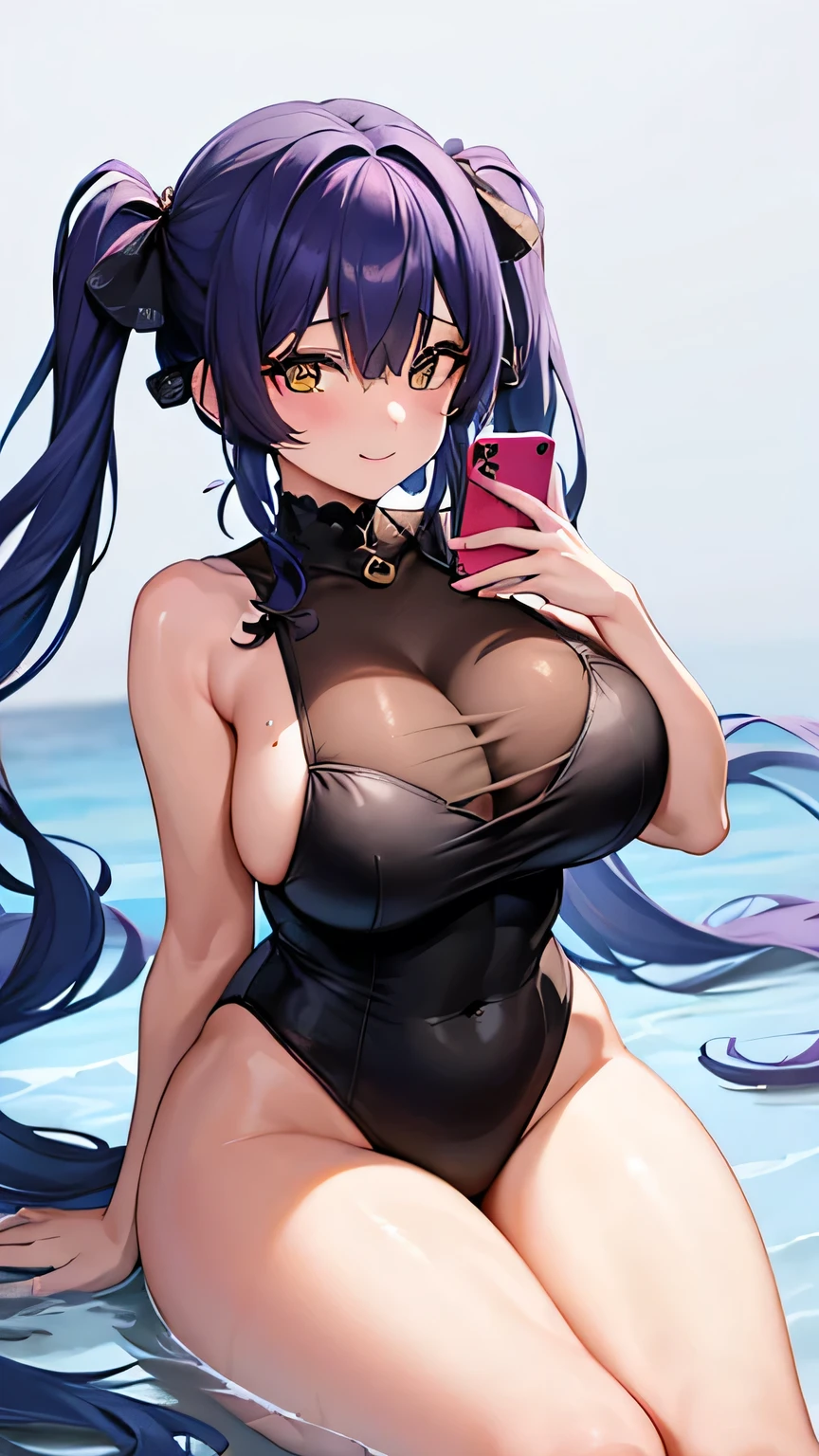 (((Girl looking at smartphone))), (Very large breasts), (Surreal), (High resolution), (8K), (Very detailed), (Highest quality), (Super detailed), (masterpiece), (Detailed face), alone, 1 Girl, Smiling, (Odd Eye), (Right eye is blue), (Left eye is dark blue), The whole body is shown, Hololive, (Houshou Marine), (Blue Hair)), (curvy), ((gigantic breasts)) , Five fingers, (Twin tails), Shining eyes, One mole on the chest