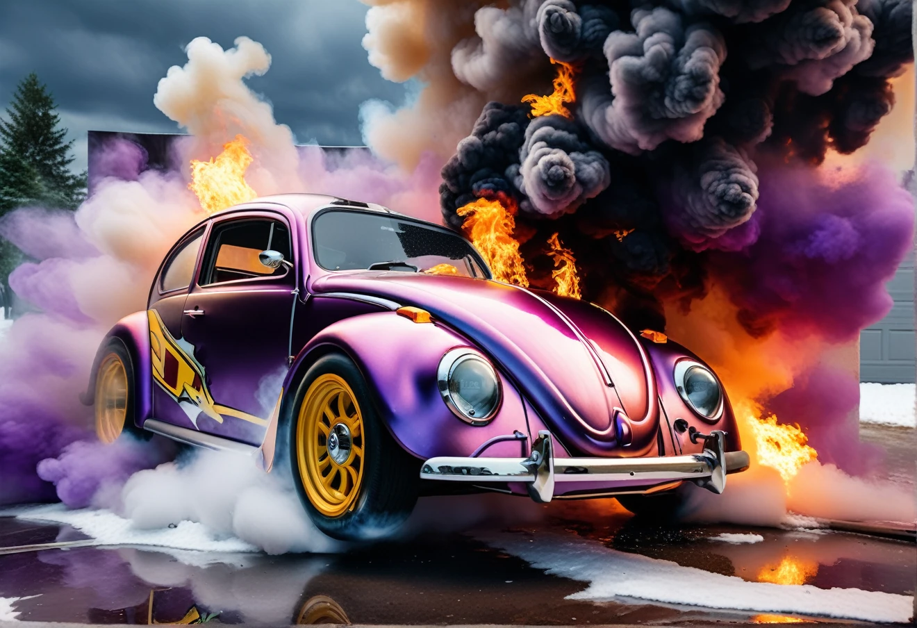 a (((hyper-realistic))), (((32k UHD masterpiece in the style of a cinematic art piece))). The focal point is a futuristic "race car muscle new beetle " shown at a dynamic angle, engulfed in snow storm theme. The level of (detail is extraordinary), capturing the intricacies of the car's rear with bold textures and vibrant, contrasting colors. Predominantly rust and old hues dominate the composition, emphasizing the blazing car as the centerpiece. The fire is depicted with a mix of grays and purples, creating a dramatic and intense atmosphere. The smoke billows in all directions, adding a surreal element to the scene. The image, with an aspect ratio of 16:9, fills the screen, immersing the viewer in the cinematic experience. This hyper-realistic artwork draws inspiration from artists like Jackson Pollock, known for his dynamic "action painting" technique, and Salvador Dali, with his dreamlike, surreal images. The overall composition explores themes of speed, action, and transformation. The addition of film grain, sharp details, and a ((raw style reminiscent of Fujifilm XT3 35mm f4)) contributes to the ((studio art)) feel, creating a visually stunning representation of a (burning racing car).