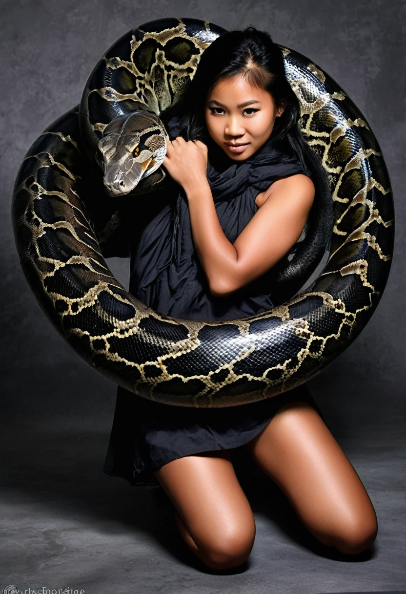 Happy Horny, aroused 1girl), beautiful kneeling Filipino young girl with giant colossal black titanboa squeezing her hard, wrapped in thick spiraling coils, constricted, struggle, gasping for air, snake attack, snake peril, moonless night, dim light