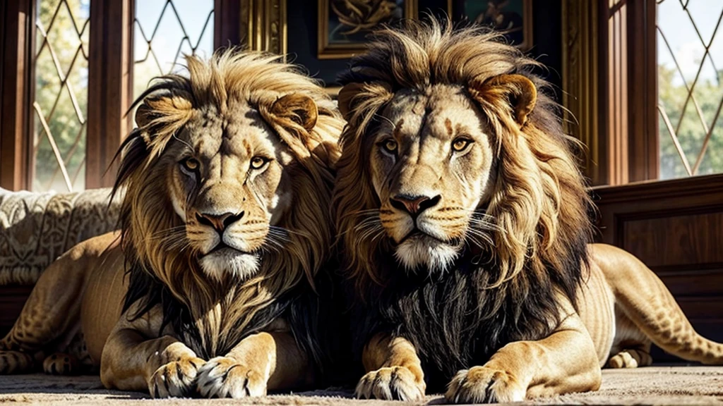 Image of a lion with golden and shiny fur, a majestic but soft mane with shades of gold and brown, large and expressive eyes, stood next to a lizard in the savannah